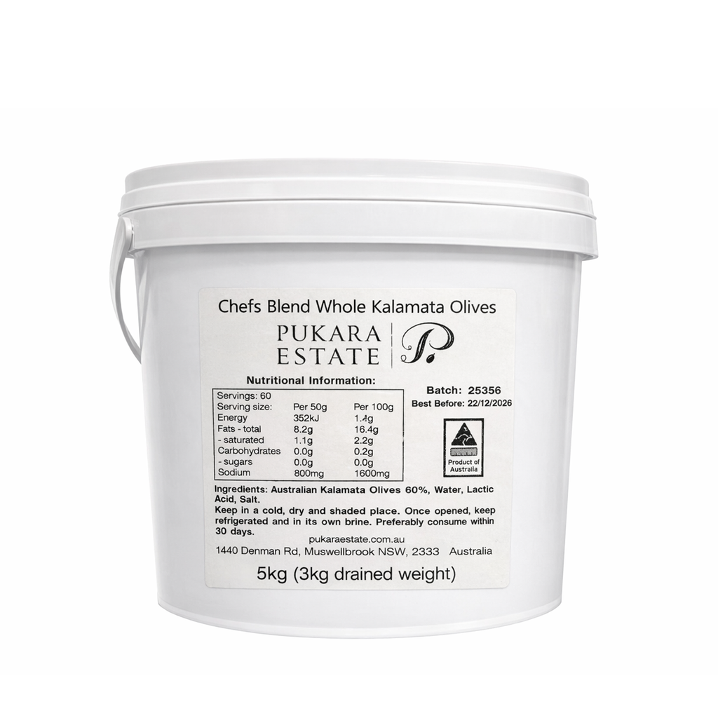 Pukara Estate Chefs Blend Whole Kalamata Australian Olives 5ltr