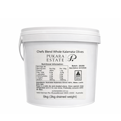 Pukara Estate Chefs Blend Whole Kalamata Australian Olives 5ltr