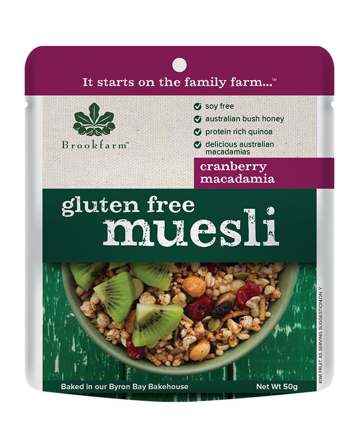 Brookfarm Cranberry & Macadamia Muesli Gluten Free Satchet 50g-Box 20