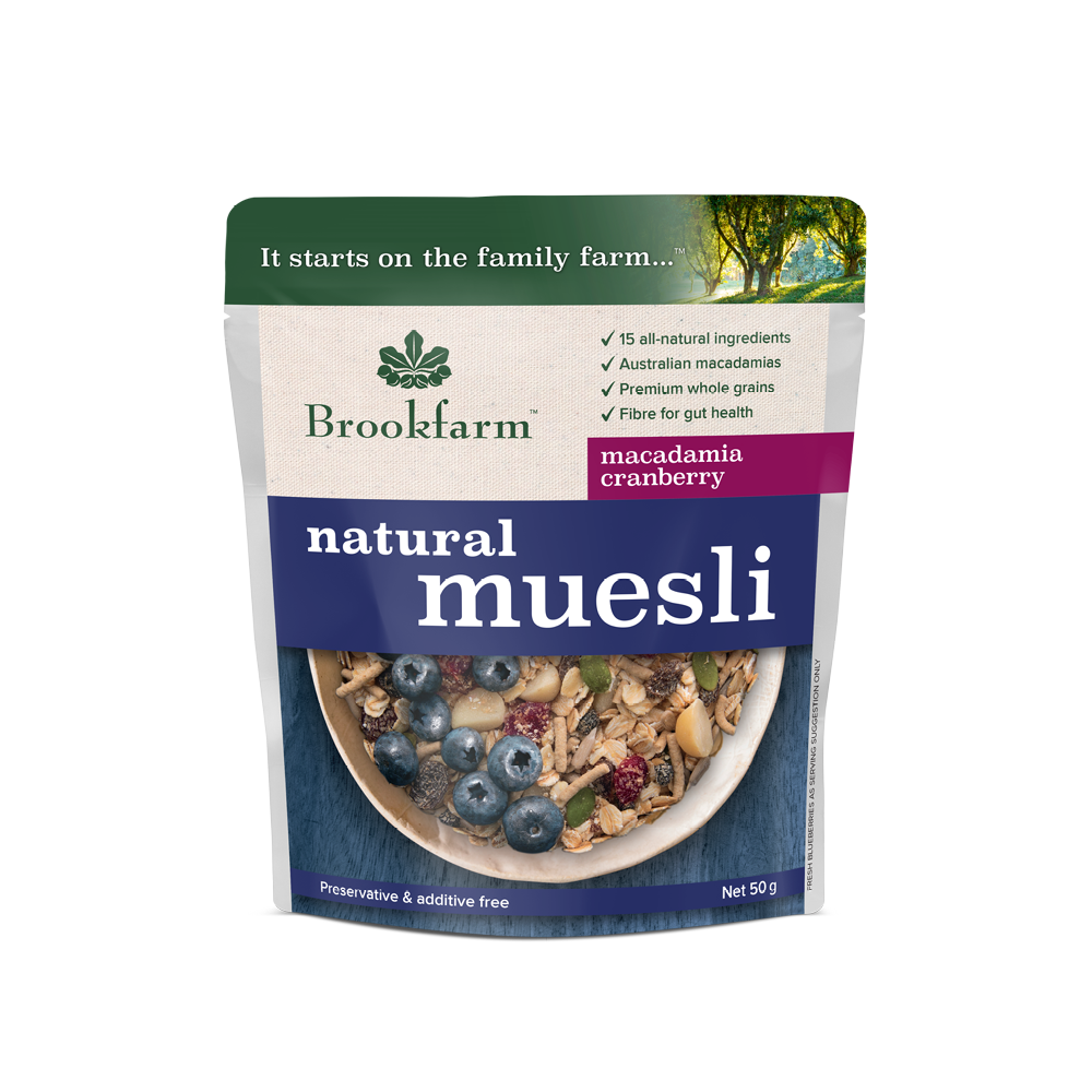 Brookfarm Natural Cranberry & Macadamia Muesli Satchet 50g-Box 20
