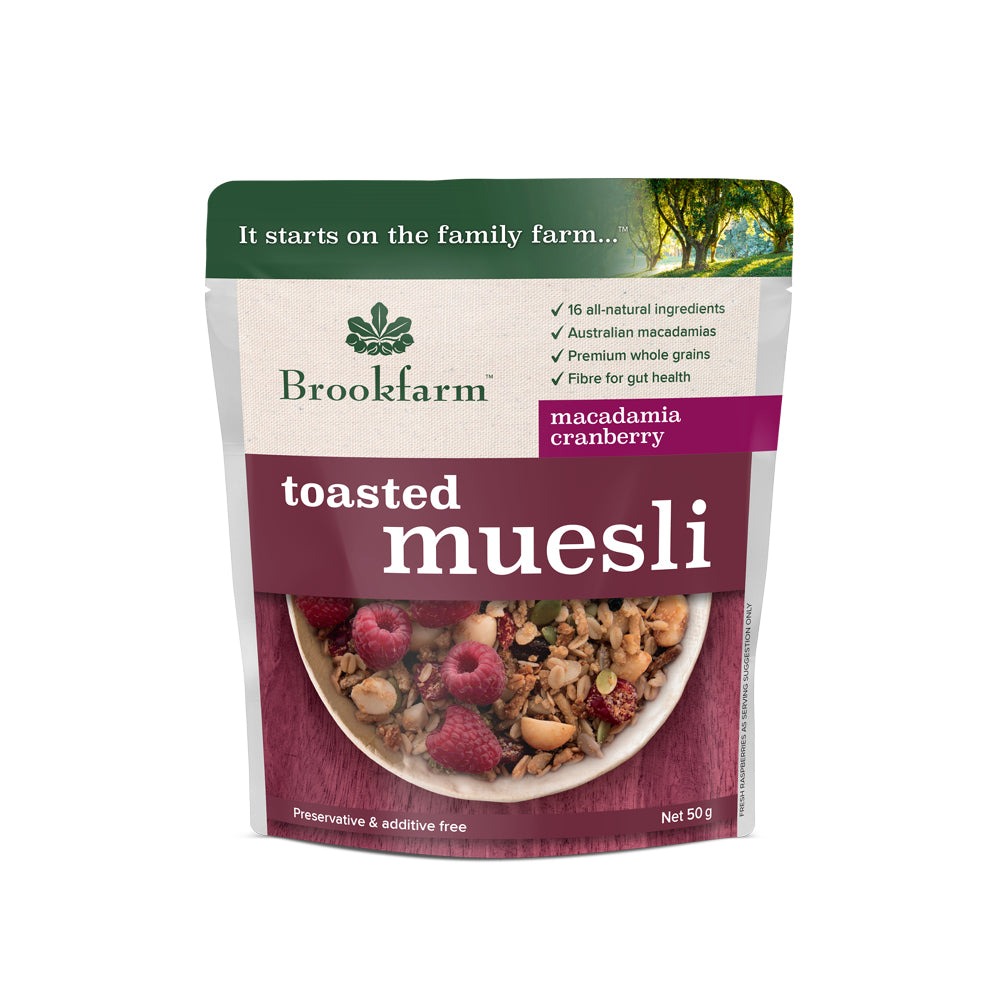 Brookfarm Cranberry & Macadamia Toasted Muesli Satchet 50g-Box 20