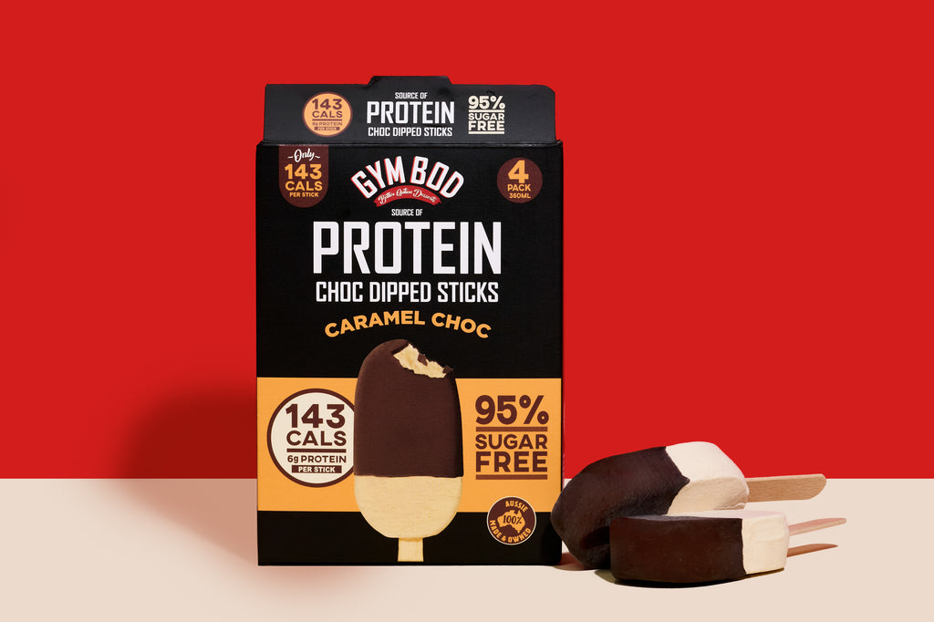 GYM BOD CARAMEL CHOC DIPPED PROTEIN STICKS 8 X 4PK